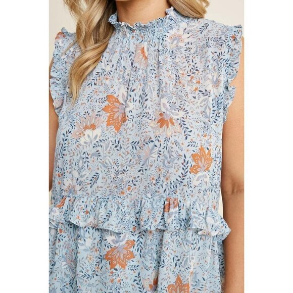 Hayden Plus Blue Mix Floral High Smock Neck Ruffle Top - Picture 3 of 5